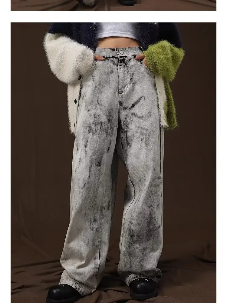 

Women Jeans Flower Grey Hip-hop Fashion Vintage Streetwear korean Y2K Wide Leg Pants Baggy Grunge 2000s Washed Denim Trouser