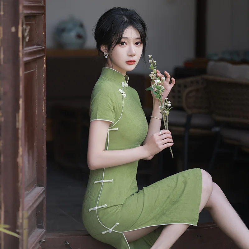 

Cheongsam 2022 New Women Summer Green Short Dress Improved Spring Vintage Chinese Style Qipao