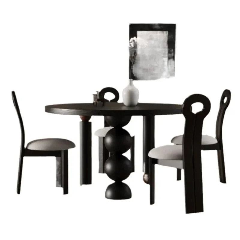 

black, solid wood dining table, dining table, household small apartment French rectangle, retro round table creativity