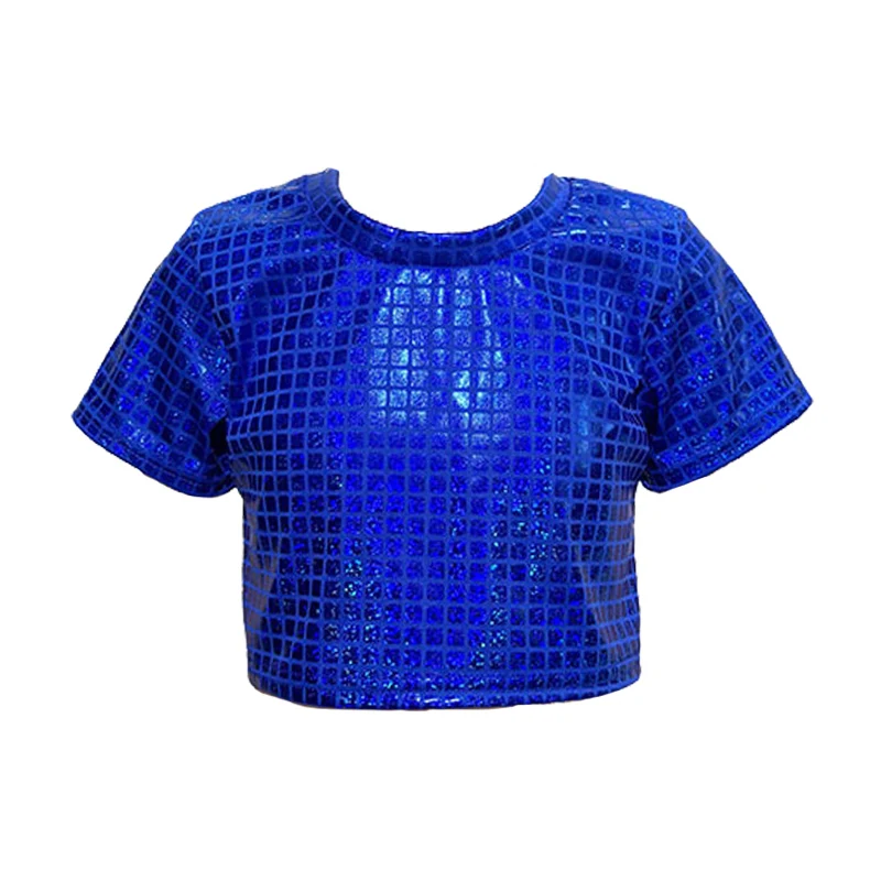 Kids Shiny Metallic Short-sleeved Crop Top Laser Grid Mock Neck Hip-hop Jazz Dance Costumes Street Dance Stage Performance Wear