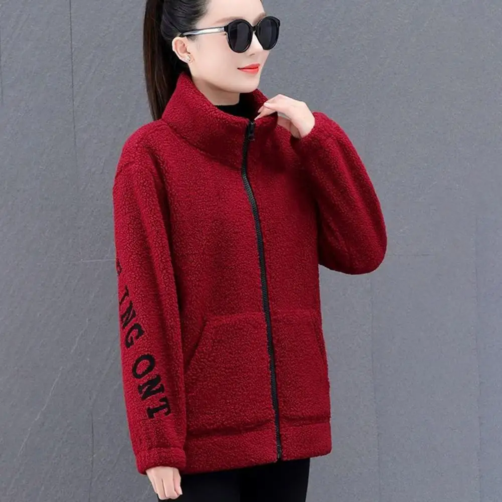 Women Outerwear Thick Fleece Winter Coat with Stand Collar Letter Pattern Pockets Warm Mid Length Cardigan Jacket for Women Mid