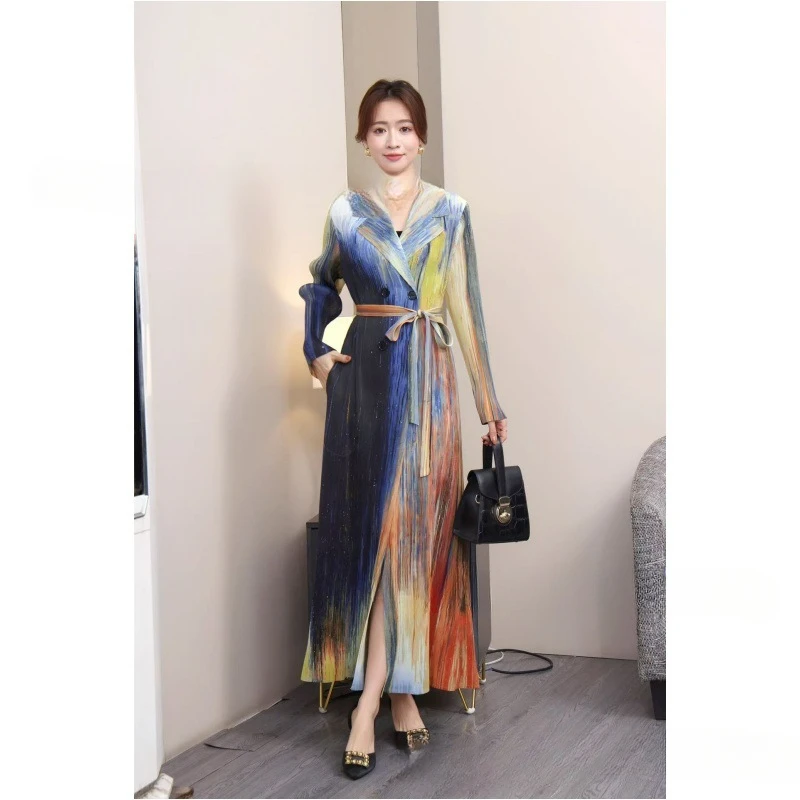 2024 Autumn and Winter New Miyake Printed Lapel Collar Lace-up Long Coat Women's Clothing Loose Women's Trench Coat