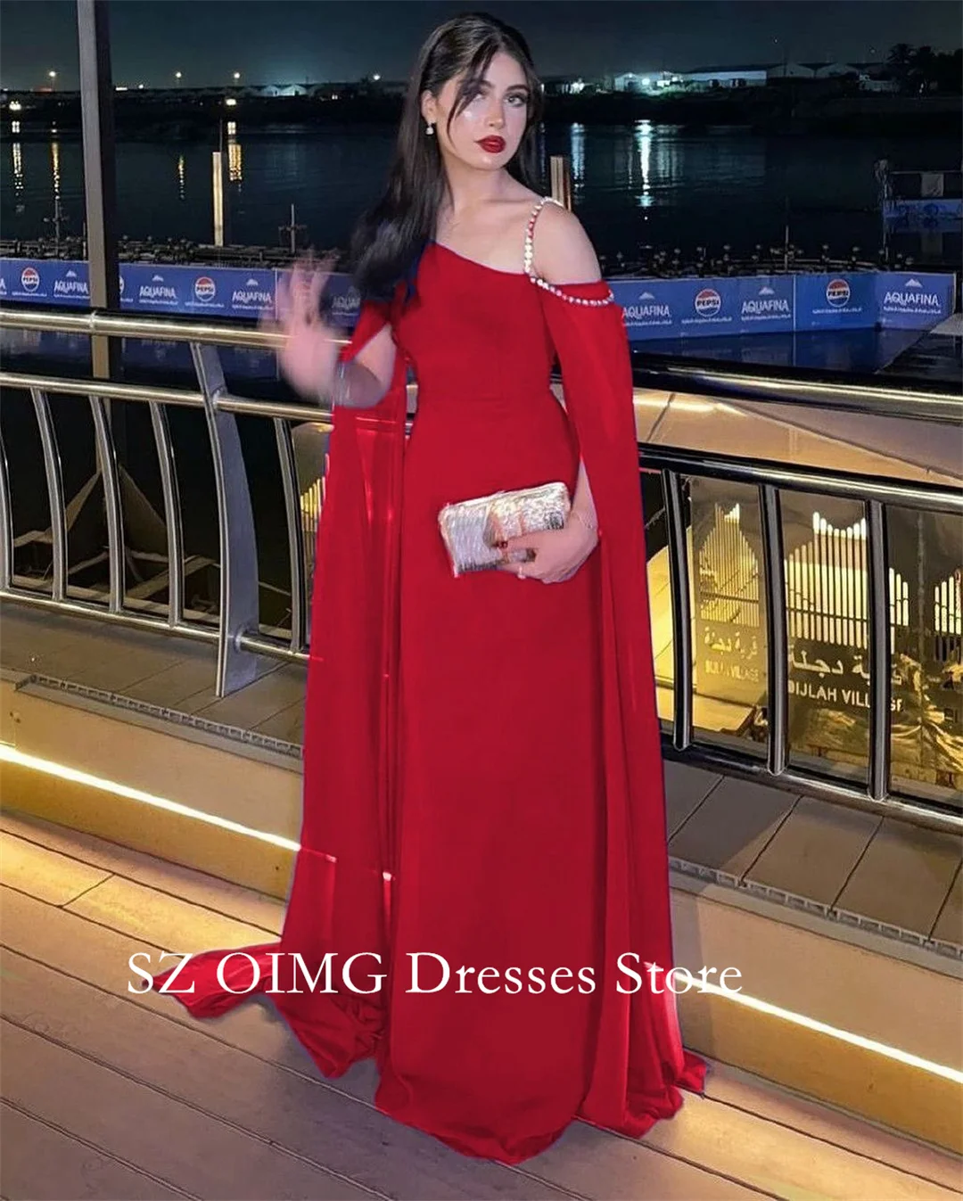 

OIMG New Design One Shoulder Prom Dresses Saudi Arabic Women Chiffon Customized Dark Red Evening Gowns Formal Party Dress