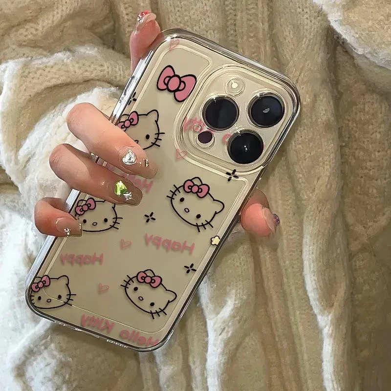 Full Screen Hello Kitty KT Head Bow Phone Case For iPhone 16 15 14 13 Pro Max 11 12 13 Pro X XR 7 8 