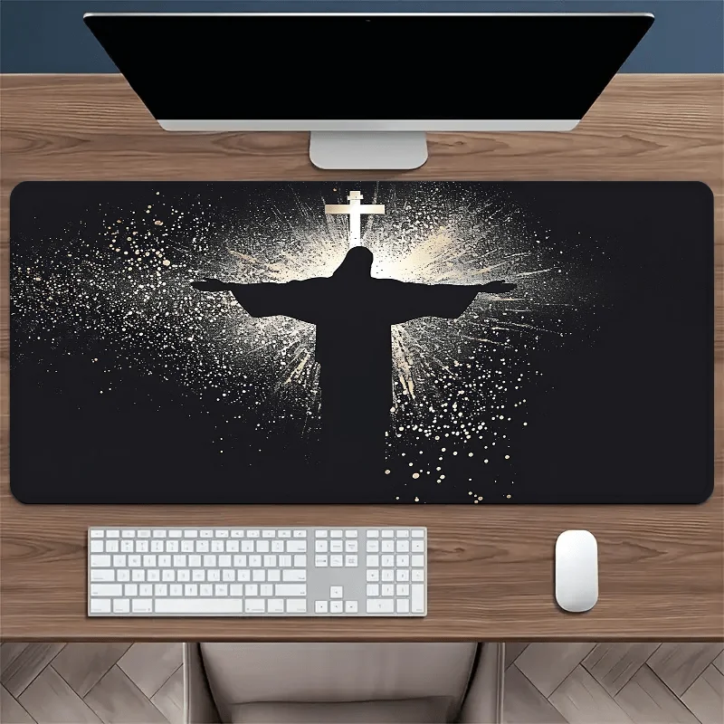 XXL Jesus and Cross Gaming Mouse Pad Large Non-Slip Rubber Base Desk Mat Office Believer Gift Religious Art Design Keyboard Pad