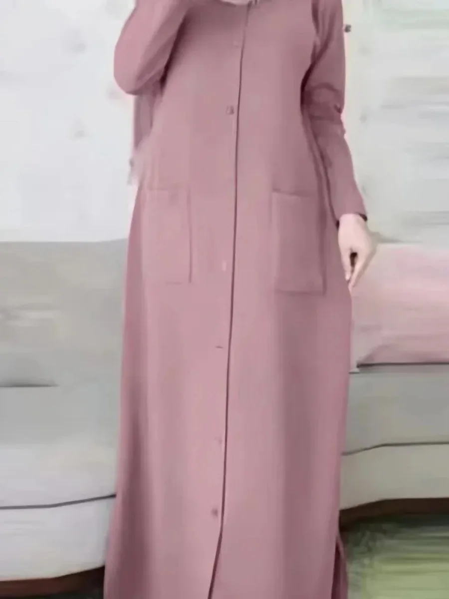 Ramadan Women Eid Muslim Dress Modest Pockets Morocco Party Dresses Dubai Single Breasted Button Vestidos Long Robe Abaya 2024