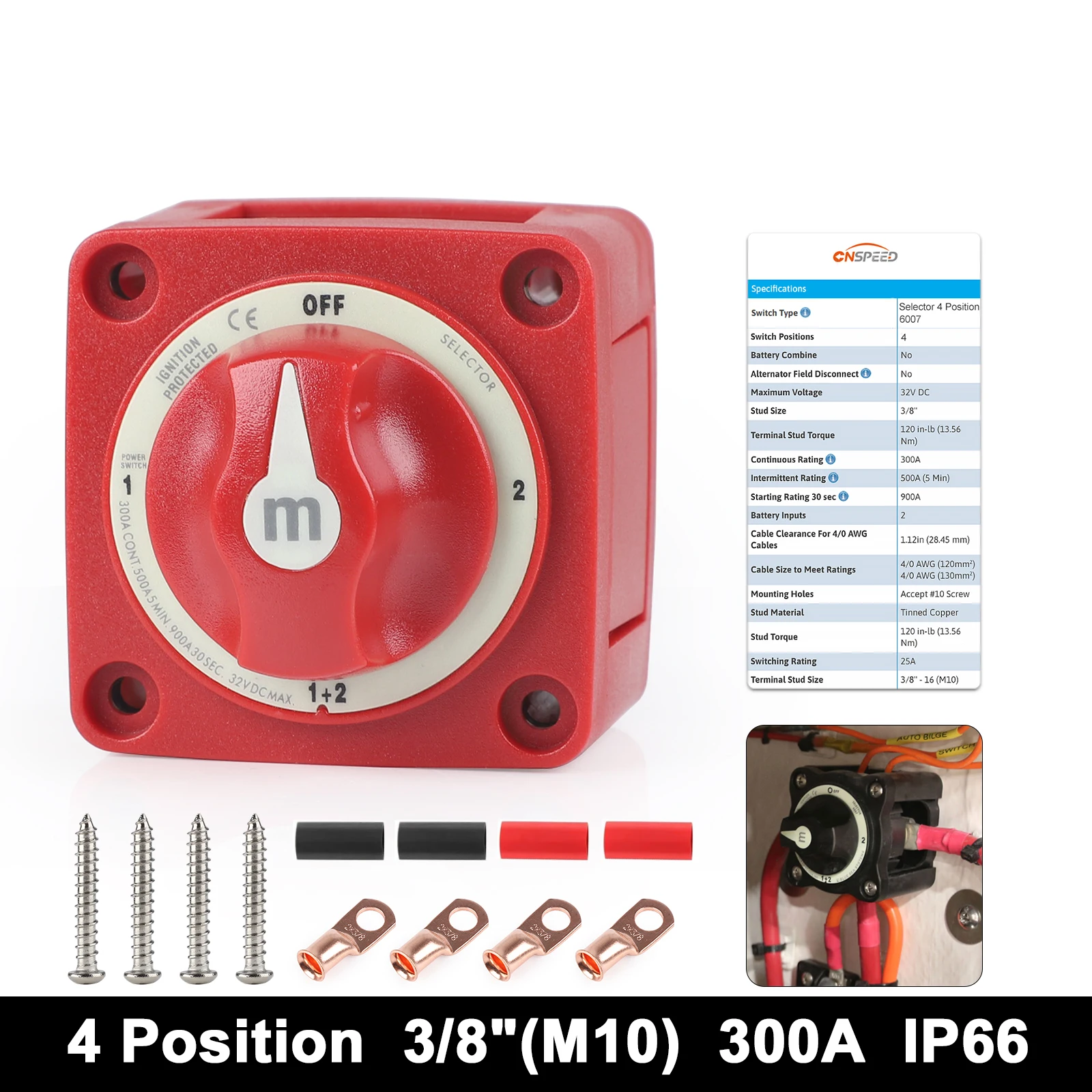 

Dual Battery Selector 4 Position Isolator Disconnect Rotary Switch 12V-48V DC 3/8" M10 Terminal Block For Camper RV Marine Boat