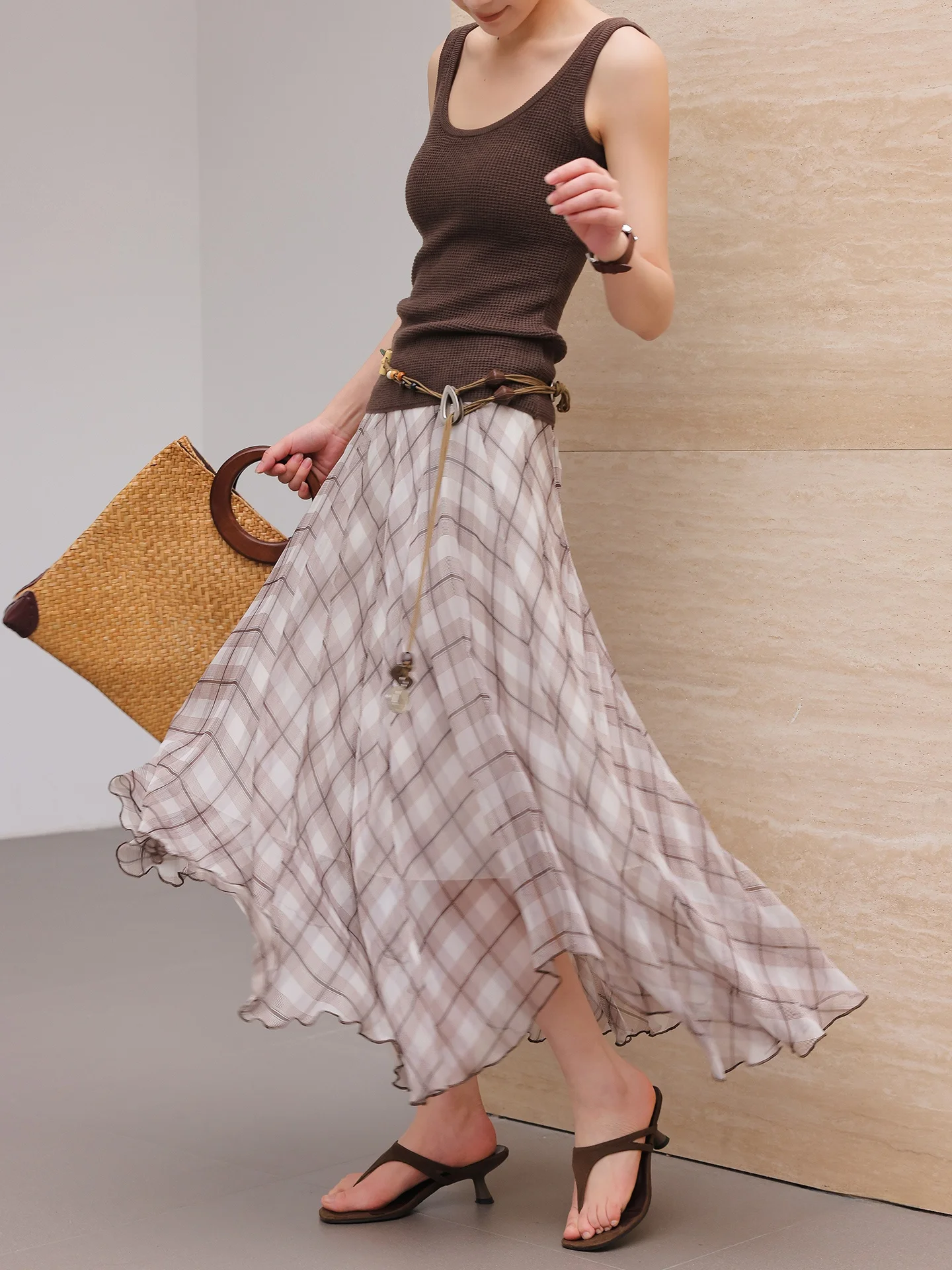 JWUNIQUE Wine Dimple Vintage Plaid Skirt Drifting Irregular Hemline Half-length A-line Skirt Polyester Fiber Loose Type