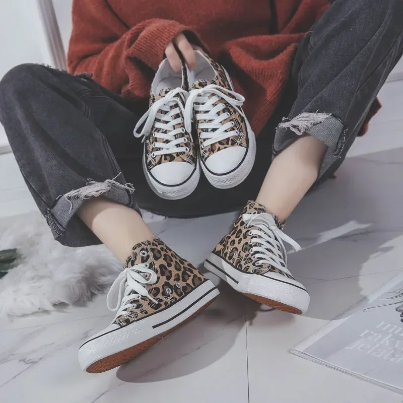 New Leopard Print High Top Canvas Shoes Harajuku Sneakers Fashion Lace-up All-match Flat Women Classic Streetwear Platform Shoes