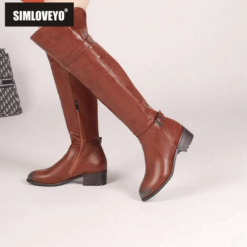 SIMLOVEYO Women Thigh Boots 48cm Round Toe Chunky Heels 4cm Belt Buckles Size 46 47 48 Leisure Ridding Booty