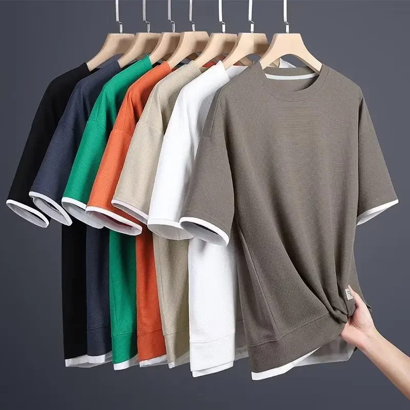 Summer Men's Walf Checks Short Sleeve T-shirt Loose-fit Two-piece Illusion Ice Silk Thin Round Neck Clothing