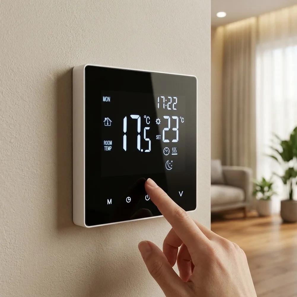 Programmable Floor Heating Thermostat with LCD Touchscreen and Dual Sensors for Radiant Underfloor Heating Systems