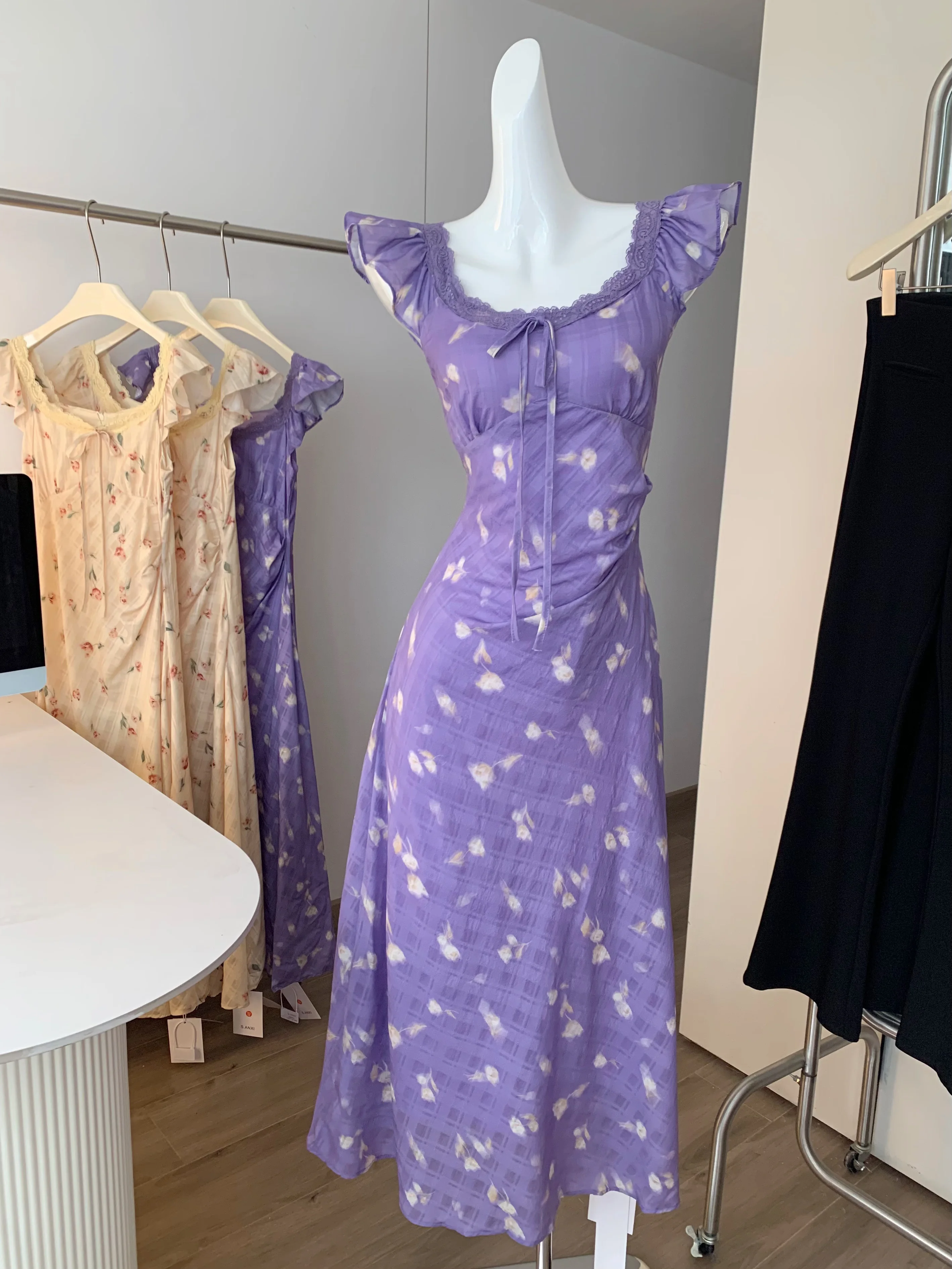 Women's Summer Lace U Neck Sleeveless Ruffles Shoulder Floral Long Sleeve Lady Elegant Slim Holiday Streetwear Dress