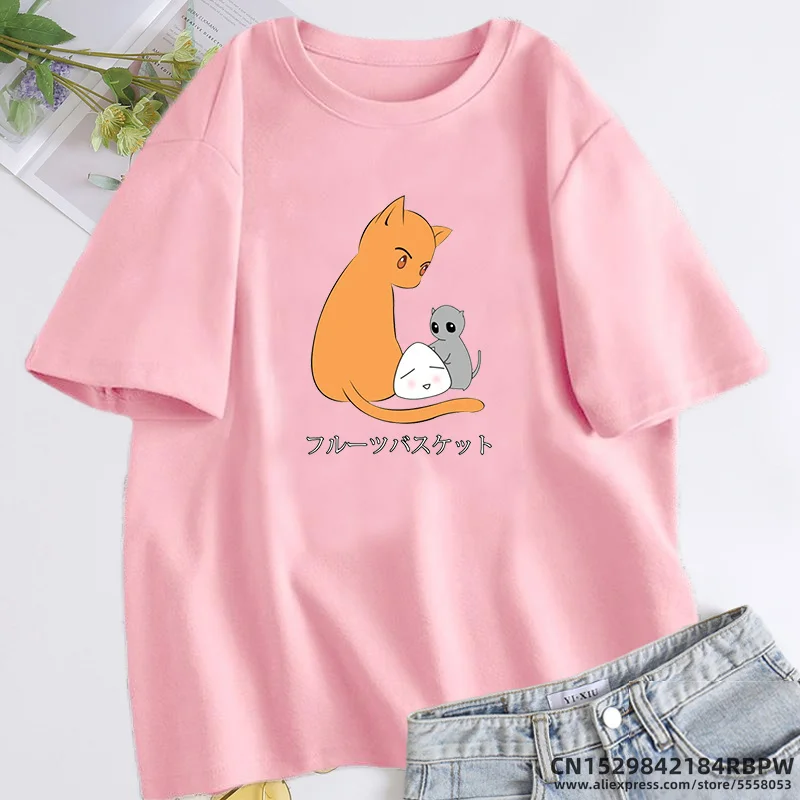 Fruit Basket Cat Mouse Tshirt Oversize Cotton Anime T-shirt Summer Cute Kawaii Clothes Unisex Short Sleeve Women\'s Clothing Tees