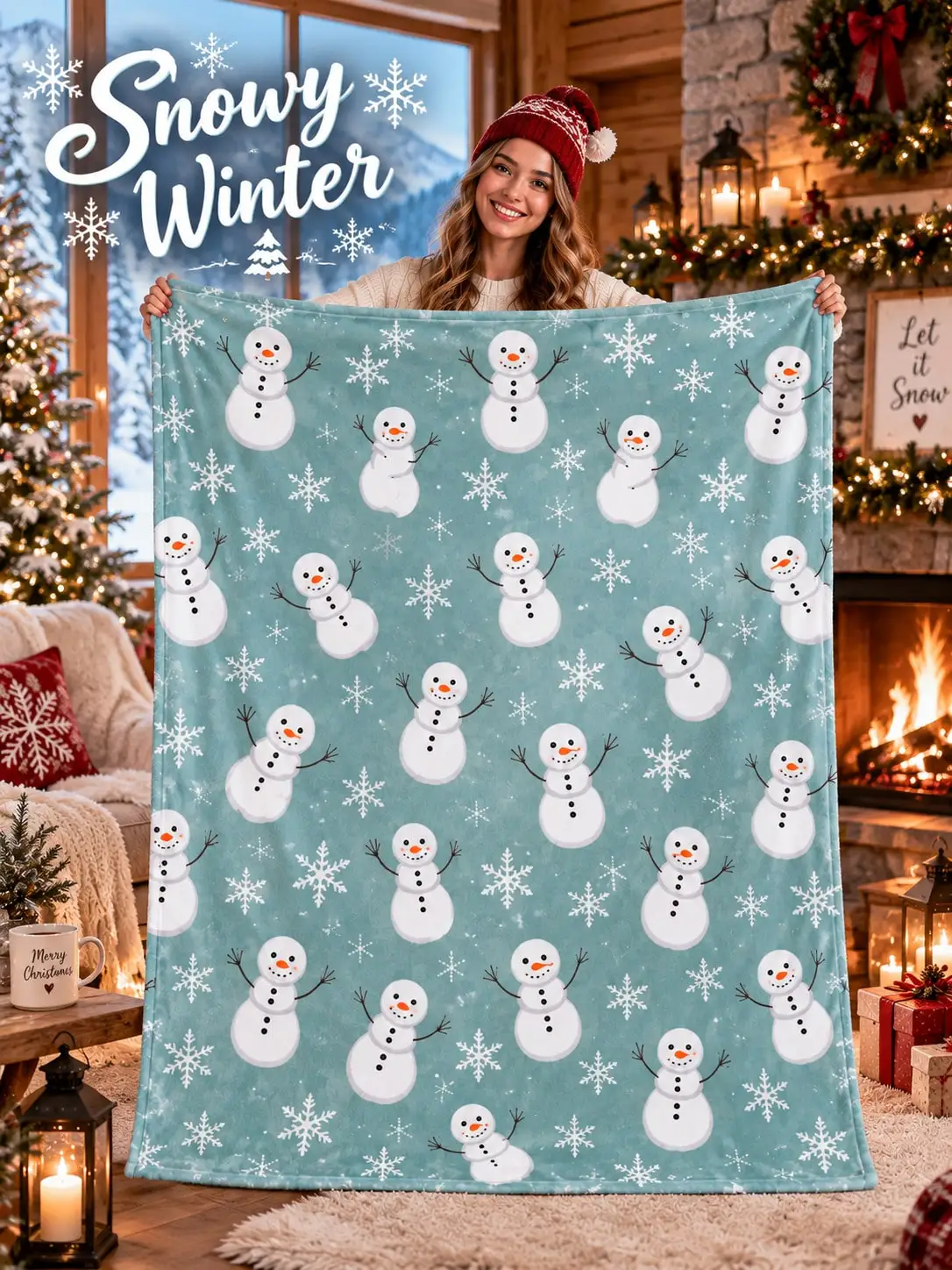 Winter Flannel Blankets & Throws Snowman Snowflake Snowfall Scene Sofa Couch Bed Nap Blanket Living Room Bedroom Dorm Office Reading Travel Camping Picnic Cabin RV Home Decor Family Friends Holiday Gift Housewarming Birthday Anniversary Present