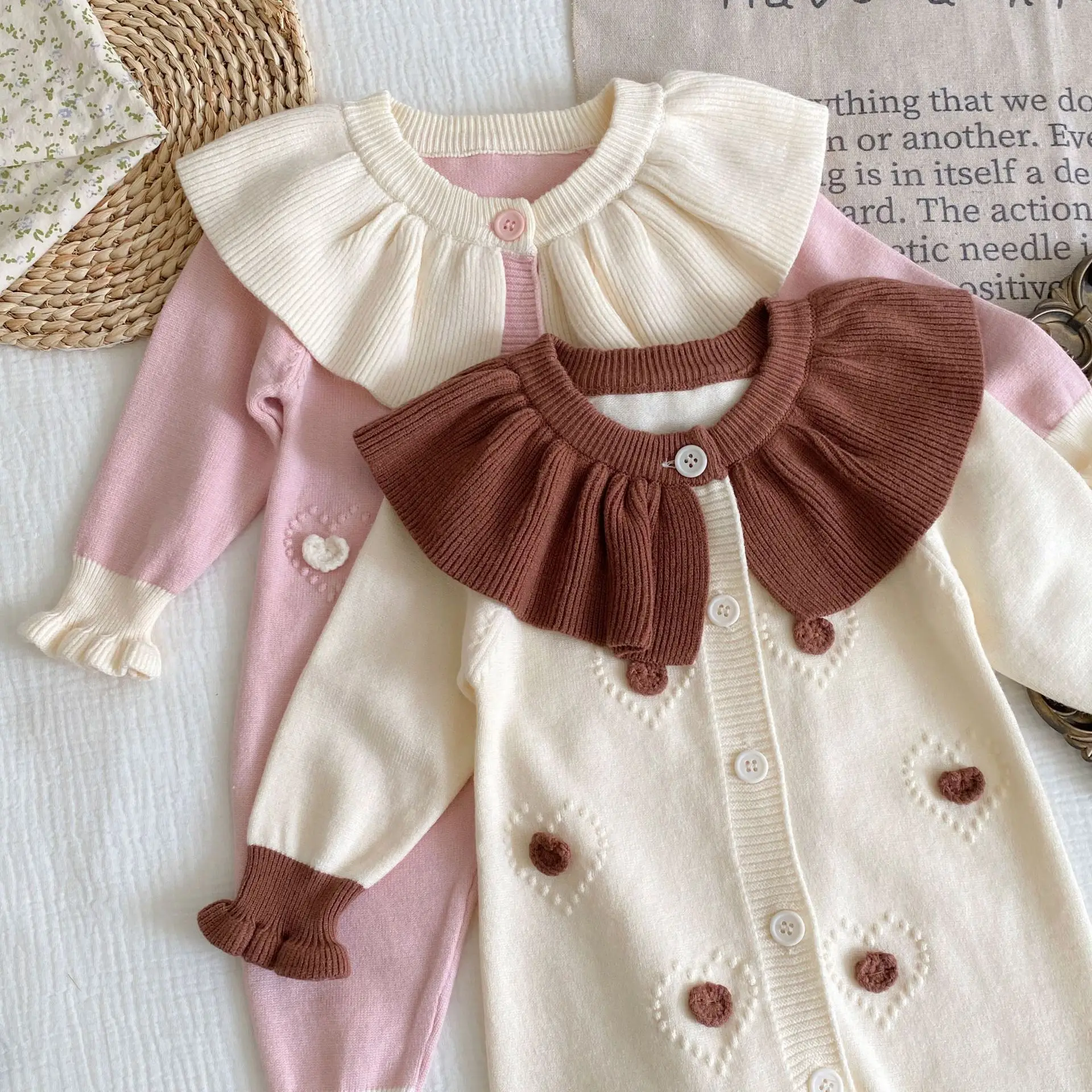 2025 Autumn New Baby Girl Long Sleeve Knit Romper + Hat Newborn Toddler Girl Cute Heart Jumpsuit Infant Knitted Sweater 0-24M