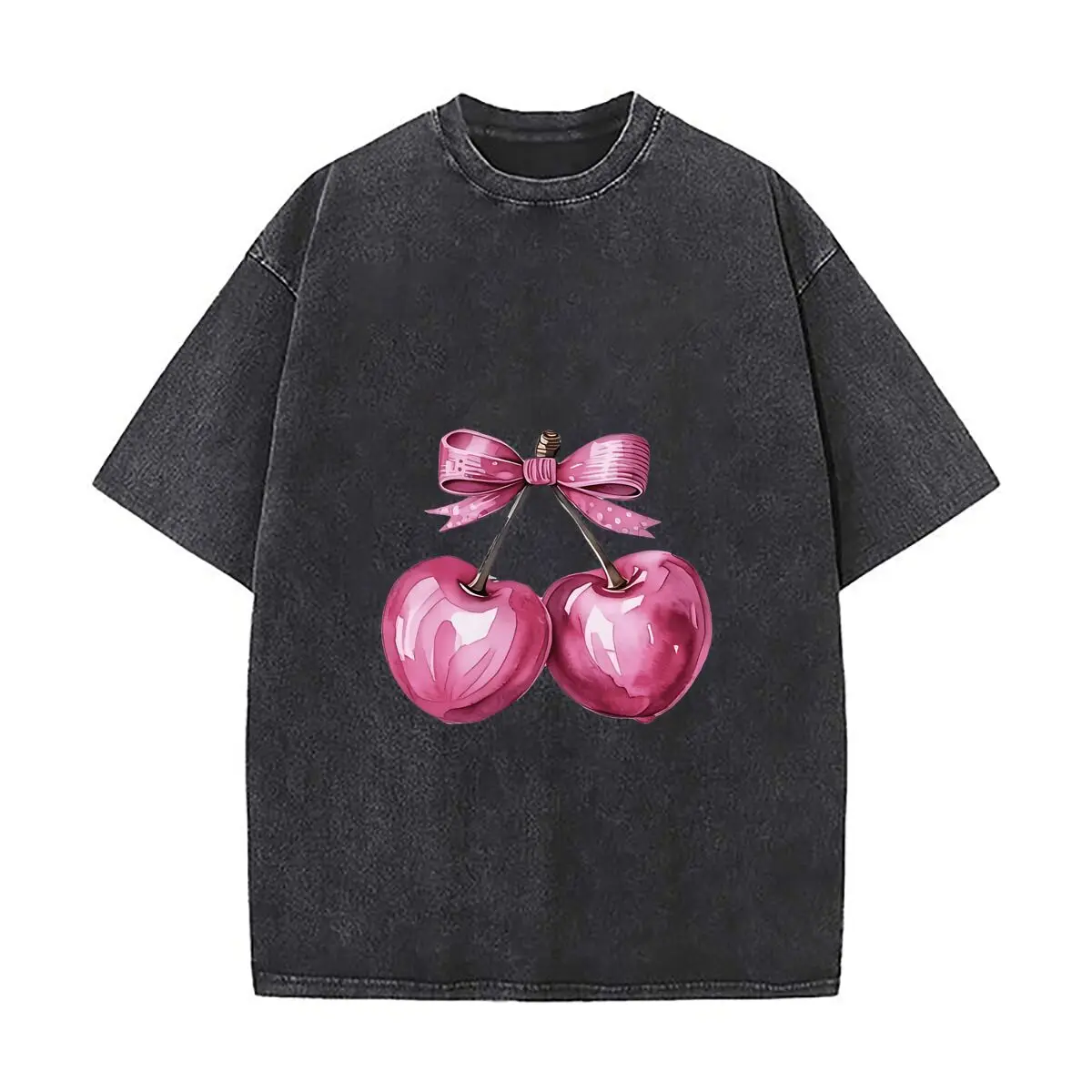 Pink Cartoon Cherries With Bow Decor Vintage Distressed Loose Streetwear Tops for Campus Days