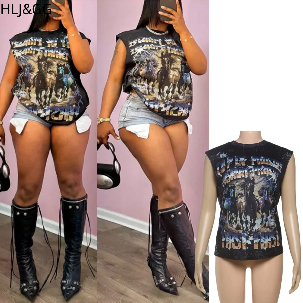 HLJ&GG Black Fashion Graphic Printing Loose T Shirts Women Round Neck Sleeveless Tops Summer New Female Hip Hop Streetwear 2025