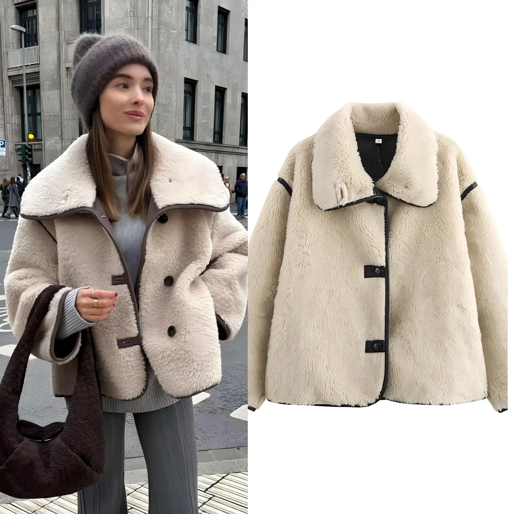 

Women's new fashion big Lapel design loose Fur Faux Leather fleece Coat retro long sleeved Button-up women's Coat chic top