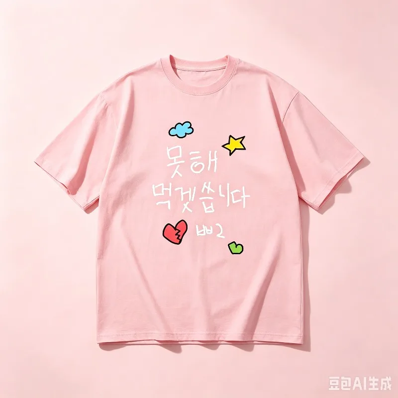 100% Cotton Unisex Tee Hand Drawn Graffiti Korean Slogan Cartoon Broken Heart Graphic Loose Short Sleeve Streetwear Top