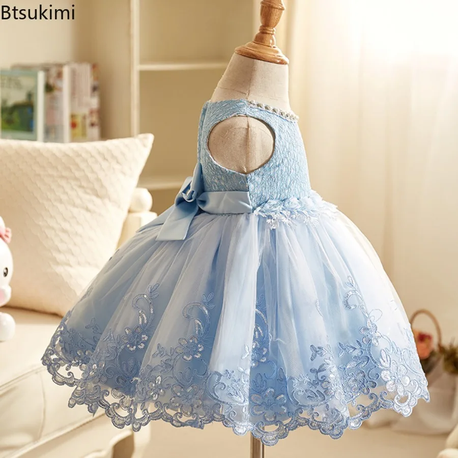 2026 New Girls' Lace Princess Dress Paired with Elegant Bow Princess Dress Solid Color 3-8-year-old Children's Evening Dress