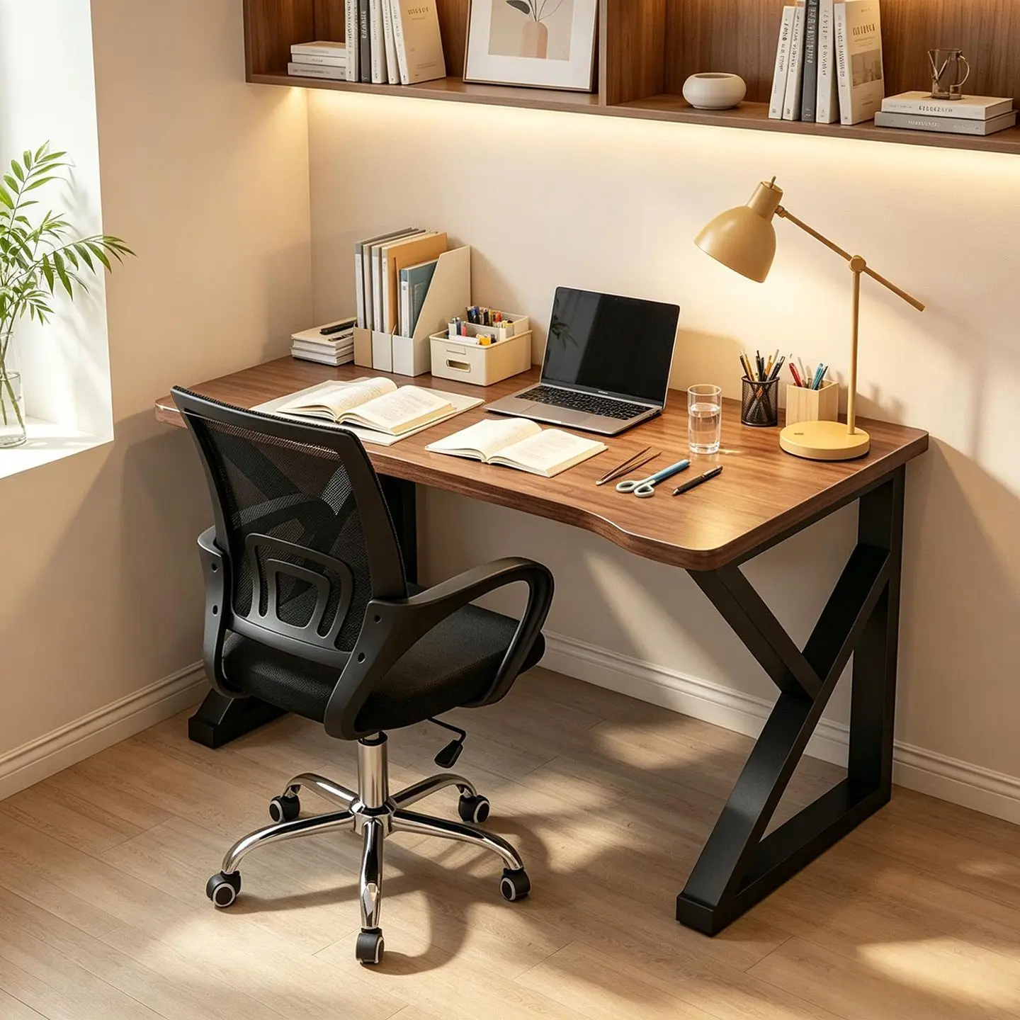 Computer Desk Walnut Wood Grain Top Black Metal Frame Modern Simple Home Office Writing Workstation