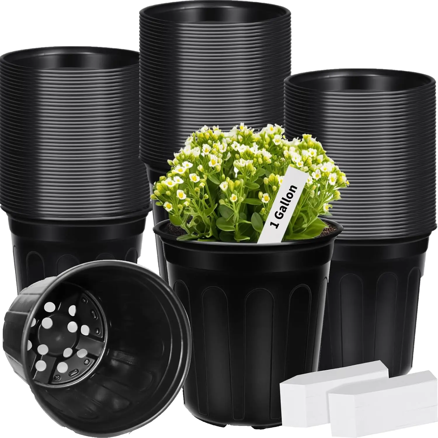 

200 Pcs 1 Gallon Plastic Plants Nursery Pot with 200 Plant Labels Seed Starting Pots Plastic Pots with Drainage Hole for