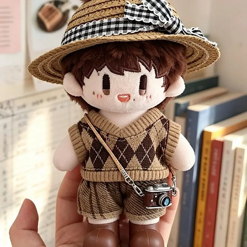 Baby clothes 16cm in circumference, cool and cool brown brown brown diamond grid vest, camera, cotton doll clothes