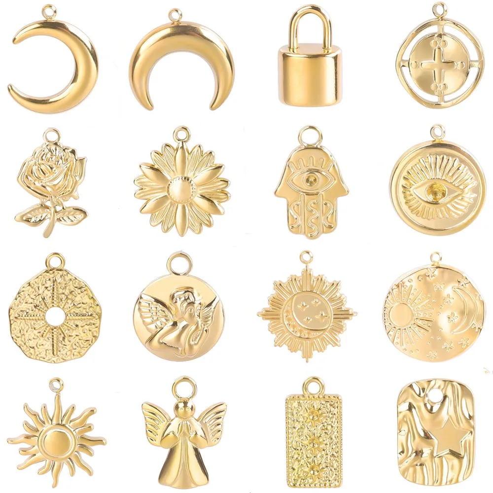 6pcs Sun Moon Stainless Steel Charms For Jewelry Making Bulk Flower Pendant Charm Gold Color Breloque Acier Inoxydable Pendant