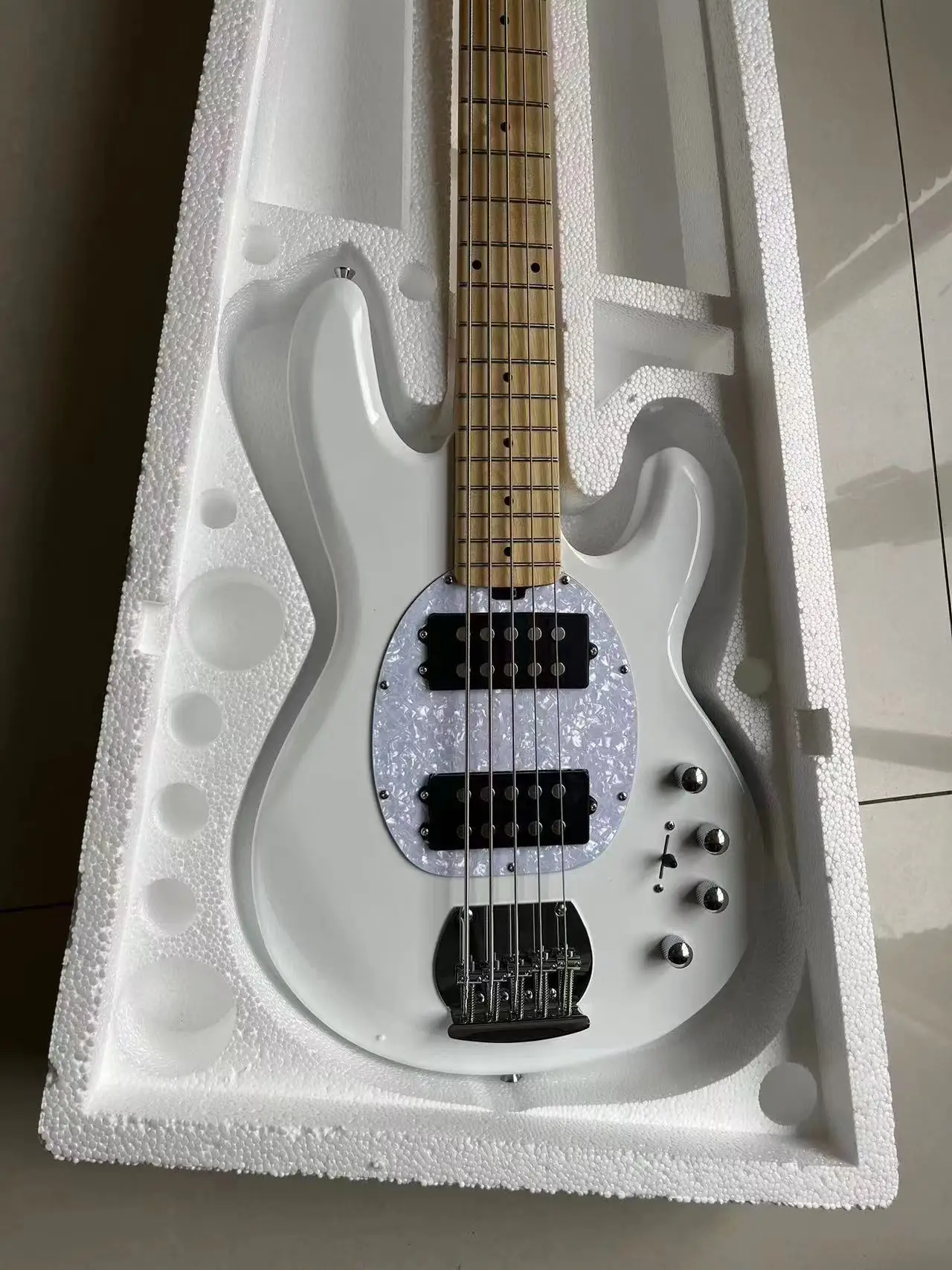 

Wholesale White Music Man 5 Strings Electric Bass guitar with initiative to pickups 9V battery guitar