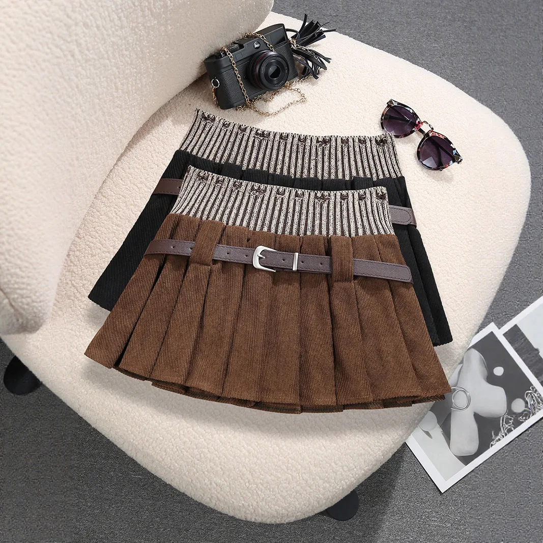 

Вязаная юбка на талии. Женская вельветовая плиссированная юбка с ремнем.