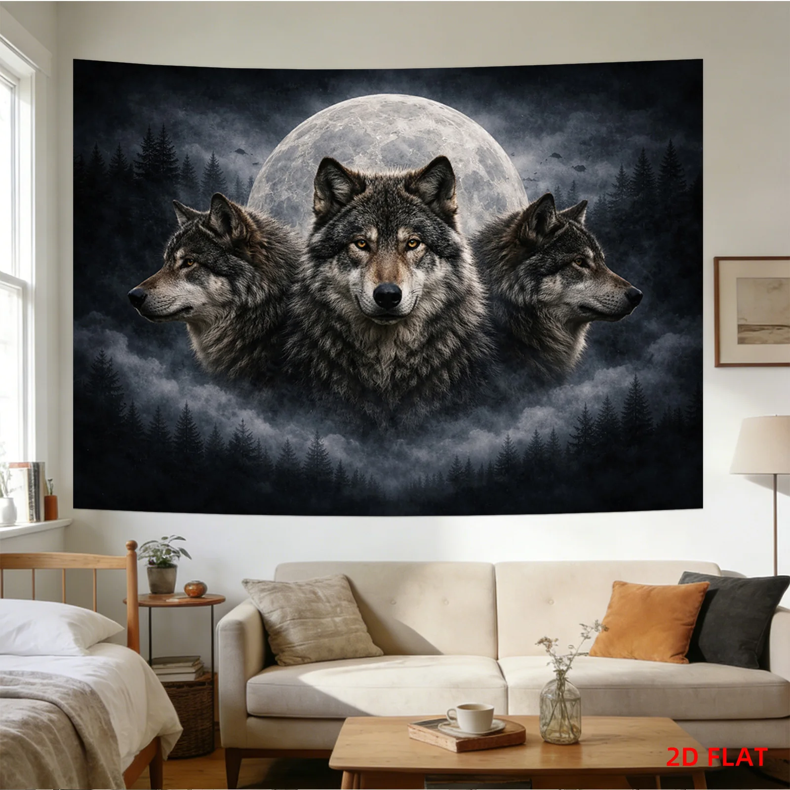 Realistic Wolf Pack Under Full Moon Forest Mural Canvas Wall Hanging Decor for Living Room Bedroom