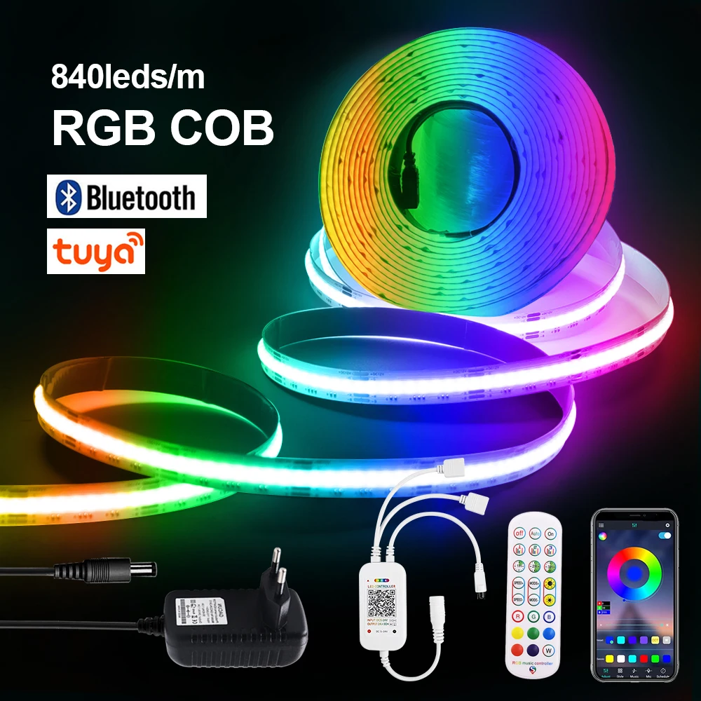 

Tuya WiFi RGB COB LED Strip Light Bluetooth App Remote Control 840LEDs/m for Room Linear Lighting Dimmable Lamp Tape DC12V 24V