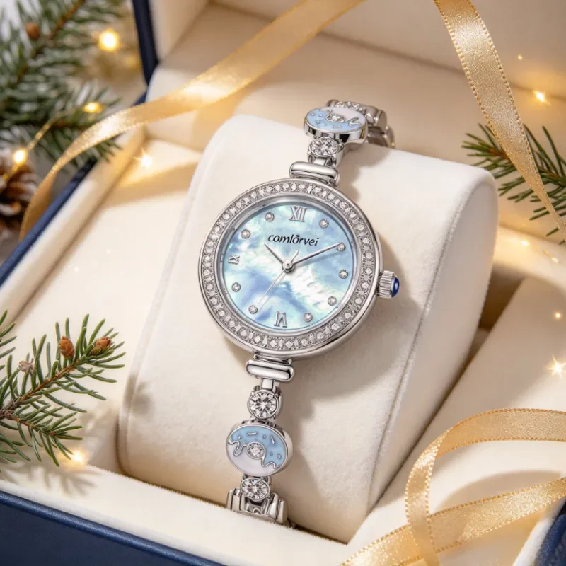 Elegant Round Donut Women Quartz Watch, Rhinestone Shell Dial Jewelry Wristwatch