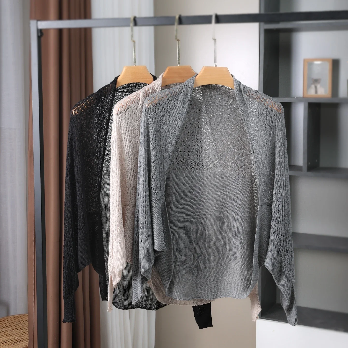 Women Tencel Hollow Knit Cardigan Long Sleeve Open Front Solid Coat Lightweight Sun Protection Air Condition Office Outerwear