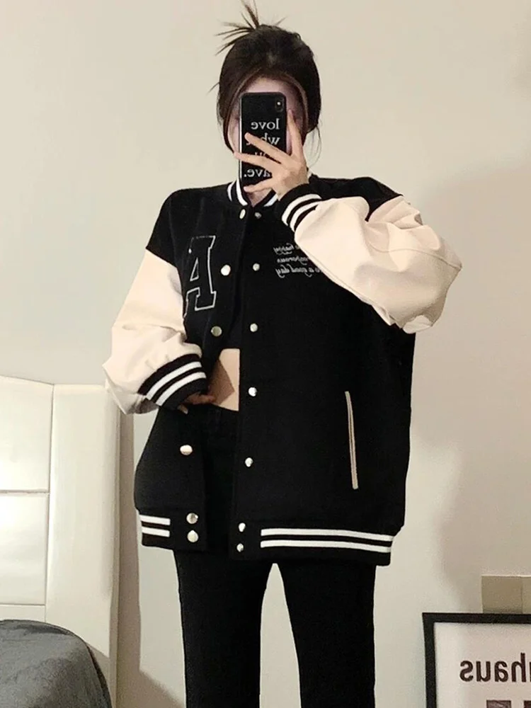 Jaquetas de Baseball Femininas em Rayon com Estampa de Leopardo para Outono e Inverno, Casaco Bomber Pesado com Forro de Lã e Mangas Longas