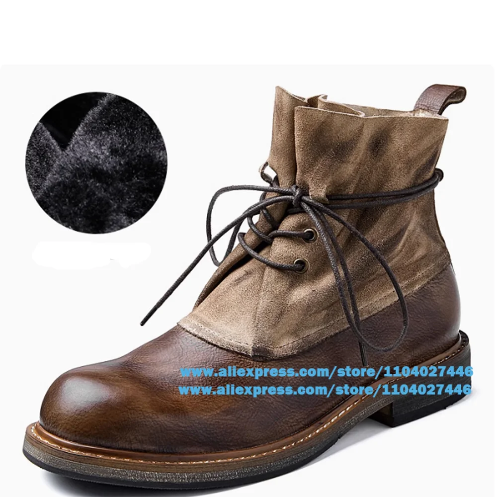 Retro Versatile Stitching Men's Boots High-Top Lace-up Work Booties Designer Round Toe Luxury Booties Large Size