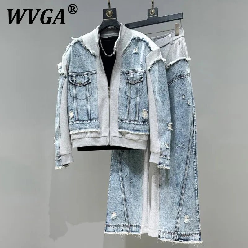 

WVGA весна осень новый мужской джинсовый лоскутный модный пиджак с потертыми краями нишевые шикарные повседневные широкие брюки комплект из двух предметов Ins W10323