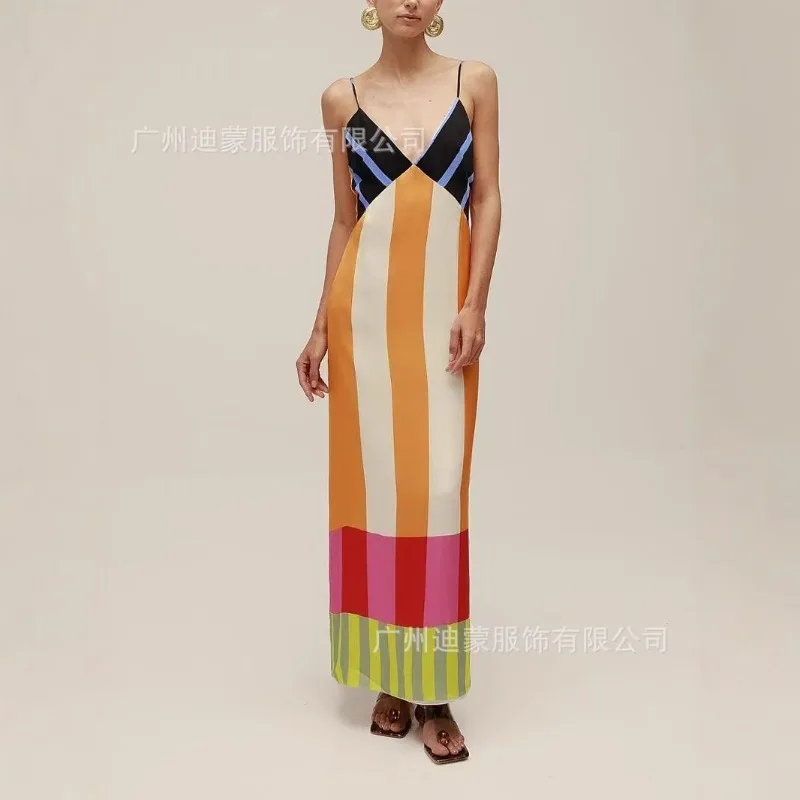 

2025 Summer New Women's Striped Dress Color Matching Split Halter Skirt
