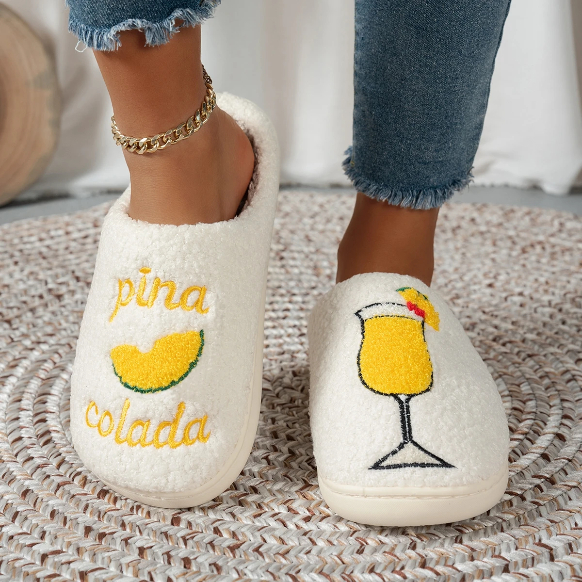 

Cup Pattern Women's Warm Slippers Pina Colada Embroidered Soft Comfy Winter Indoor Anti Slip Leisure Fuzzy Couple Home Shoes