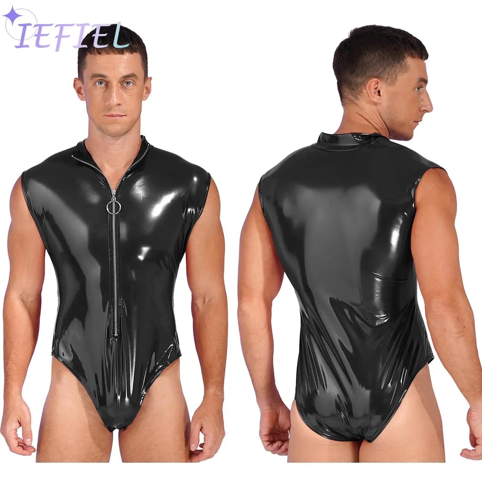 Men Solid Liquid Skinny Catsuit Sleeveless Muscle Tights High Cut Leather Bodysuit Pole Dance Costume Clubwear with Front Zipper