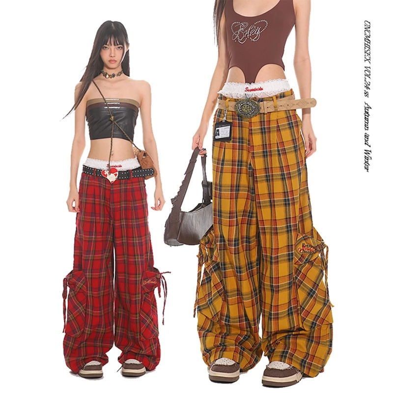 

Checked Trousers Women Vintage Plaid Loose Cargo Pants Y2K Hip Hop Wide Leg Long Pants High Waist Straight Red Plaid Pants