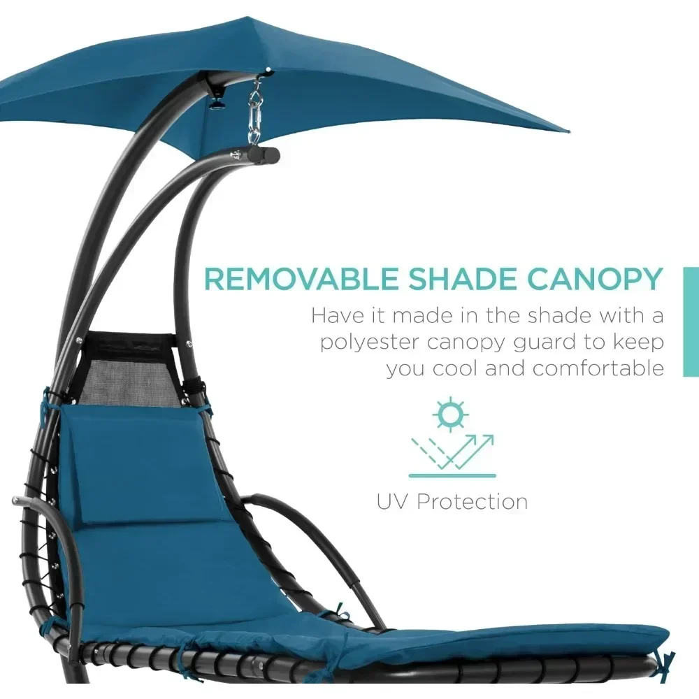 Outdoor Hanging Curved Steel Chaise Lounge Chair Swing W/Built-in Pillow and Removable Canopy Beach Chairs