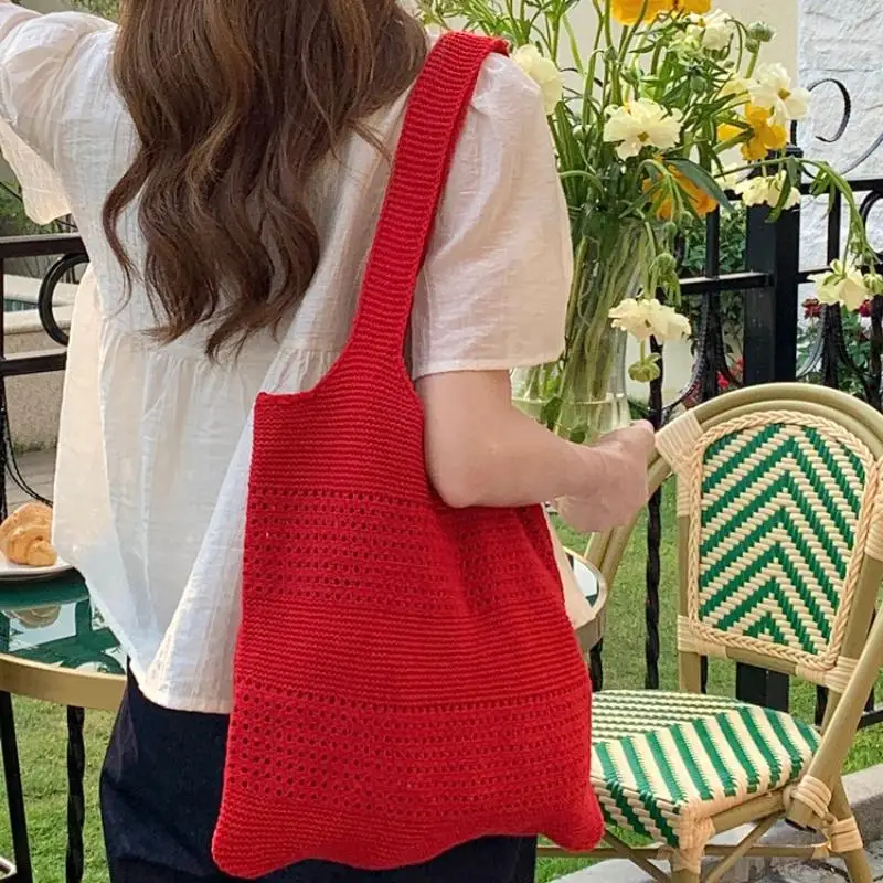 حقيبة تسوق الكورية موضة بسيطة الحياكة حقيبة كتف سعة كبيرة جوفاء حقيبة تسوق منسوجة الصيف السفر حقائب الشاطئ الهدايا #4