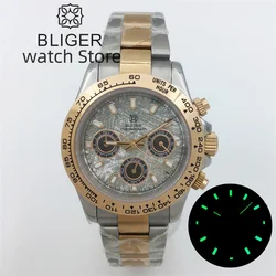 BLIGER 39mm Silver Rose Gold Luxury Watch For Men VK63 Movement Quartz Run Second Chronograph Sapphire Glass Luminous Index