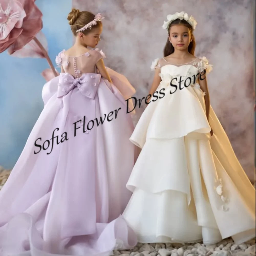 

Purple And Ivory Flower Girl Dress Appliques A-Line Pleated Floor Length Dresses First Communion Birthday Party Gowns Customized