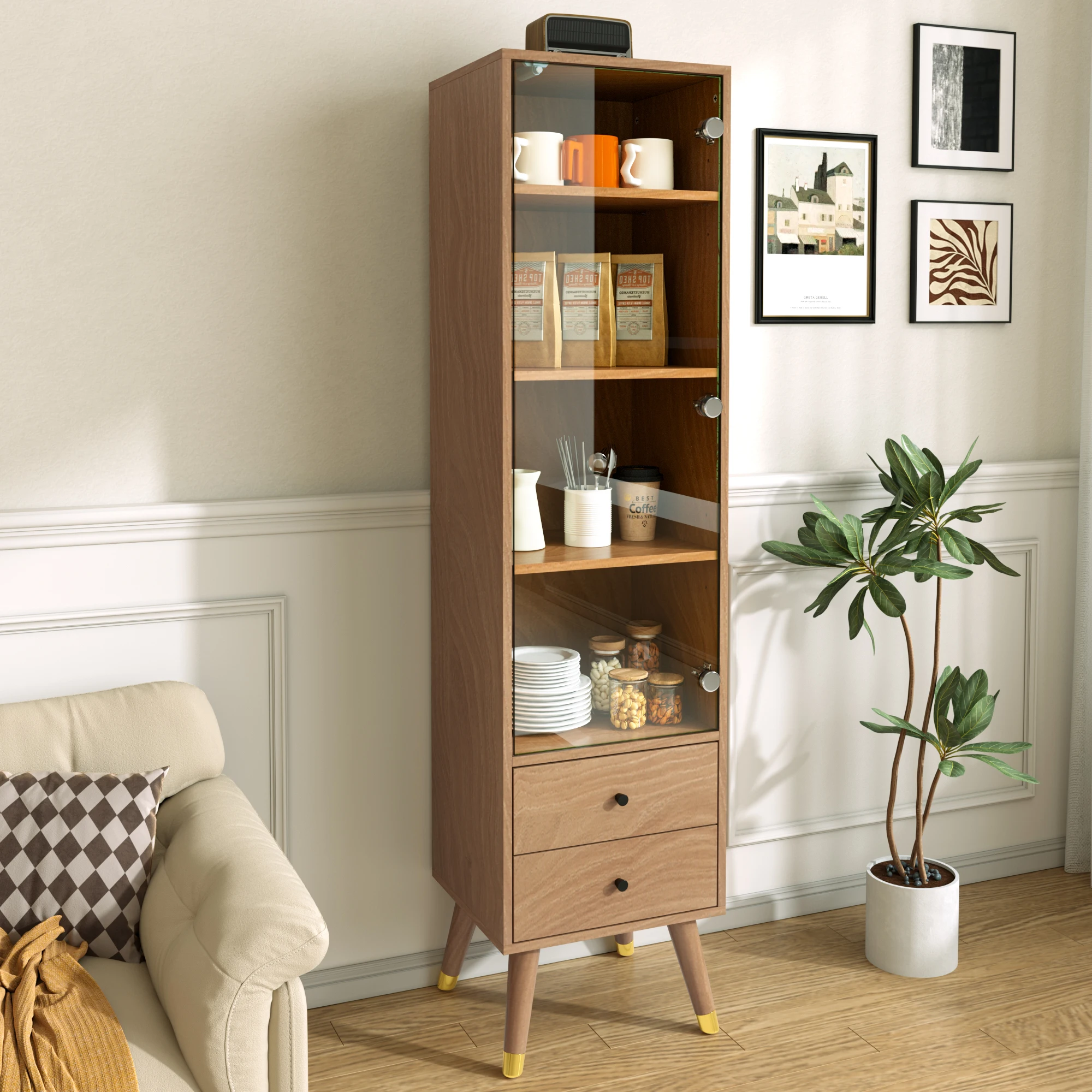 Vitrine moderne avec porte en verre, étagères réglables et 2 tiroirs, unité de rangement à ouverture par pression pour salon, bureau, chambre, couloir, finition aspect bois.