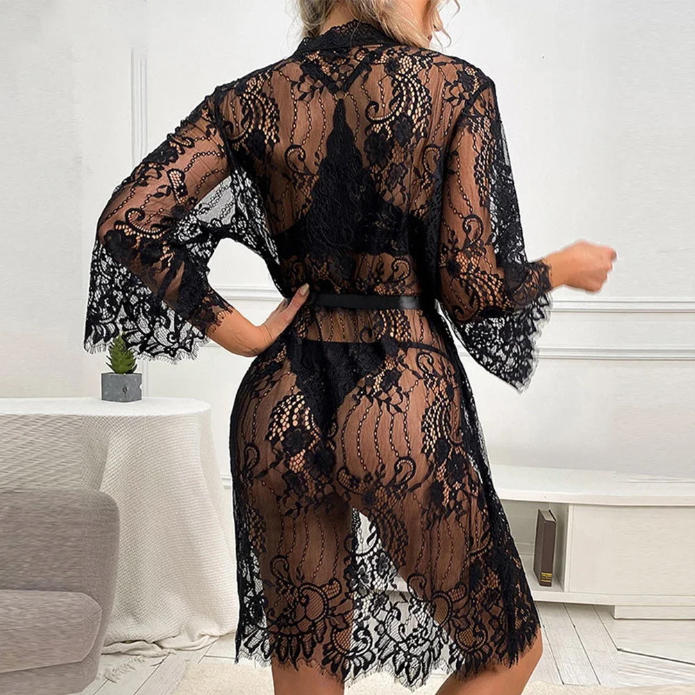 

Women Lace Robes Sexy Long Lingerie Sleepwear Nightwear Hot Sale 2022 Lady's Bathrobe Sexy Dress See Through Sheer Pajamas