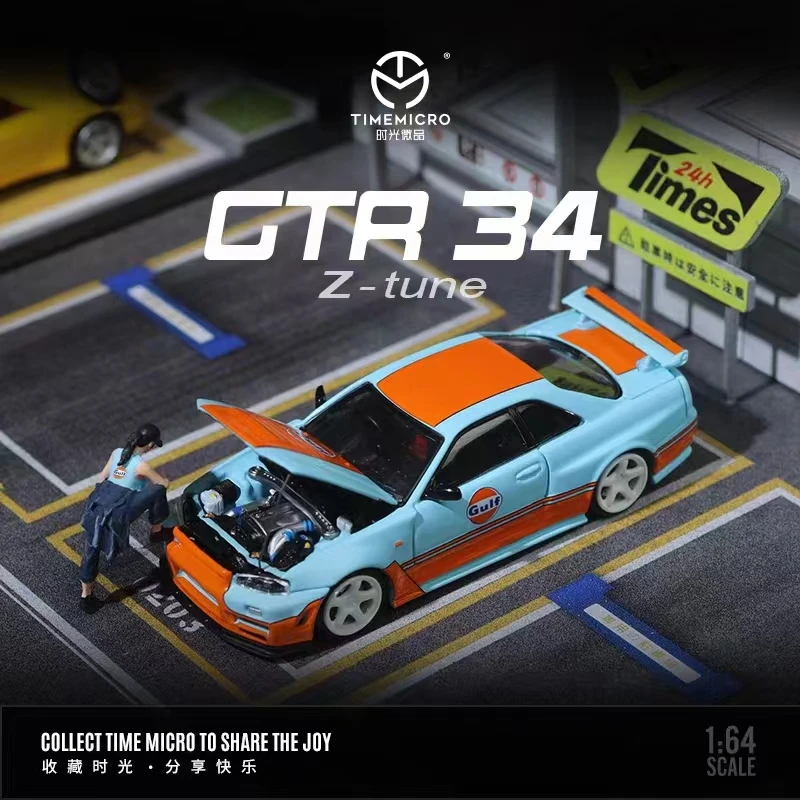 Time Micro 1:64 Model Car GTR34 Alloy Gulf Version Open Hood Alloy Vehicle W/Figure