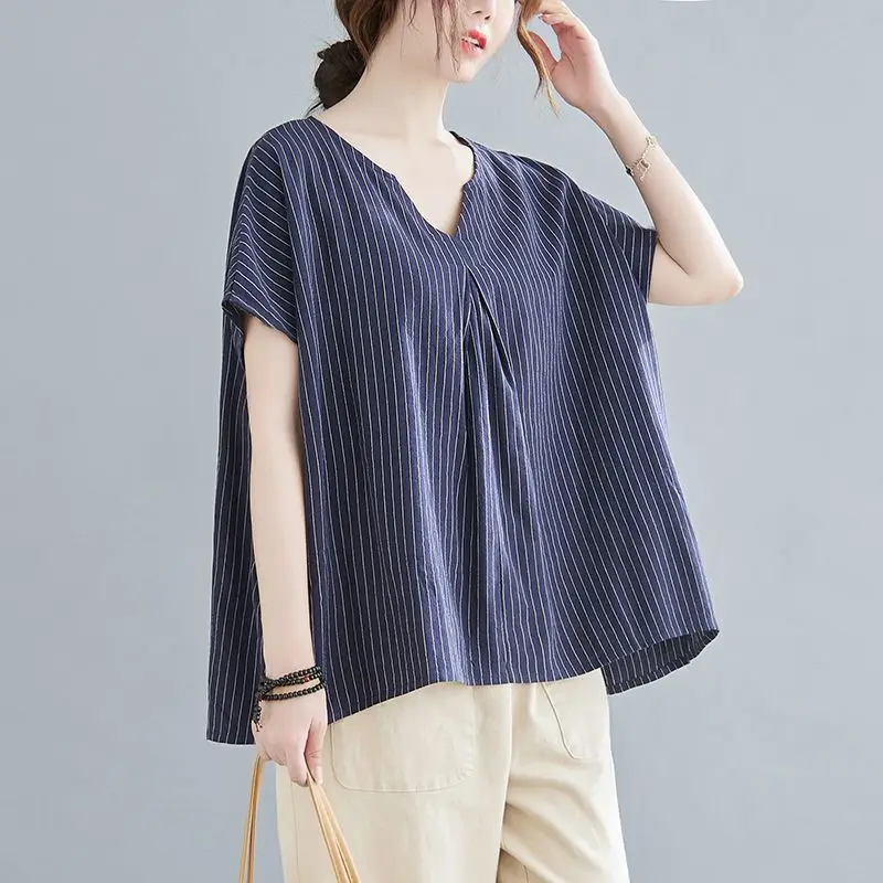 Women Summer Simplicity Loose Striped Large Size Appear Thin Cotton and Linen V-neck Short Sleeve T-Shirt Ladies Casual Top Tee